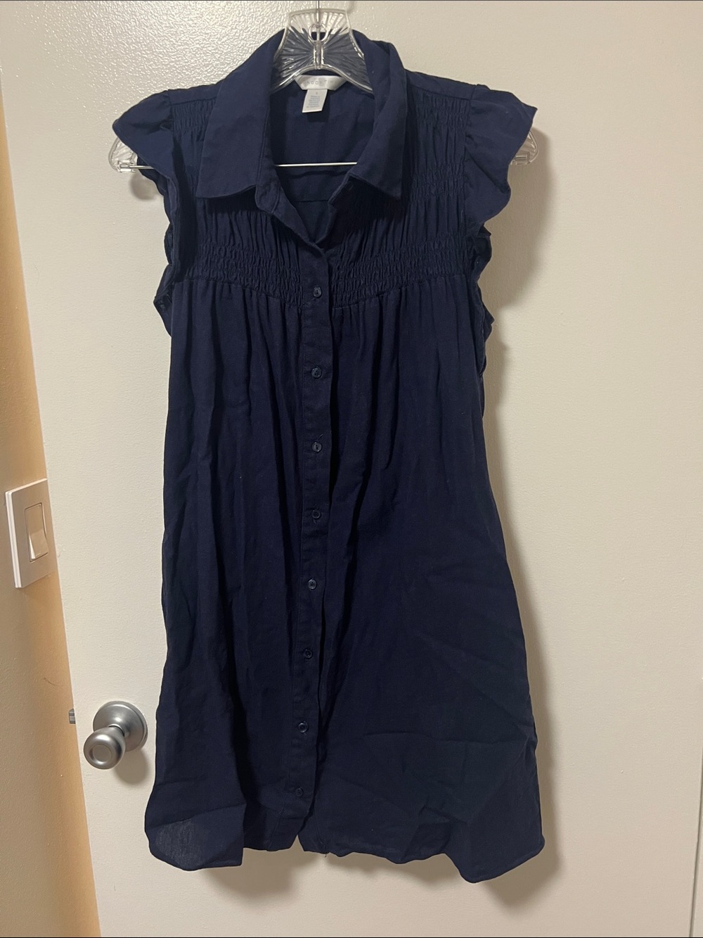 London Times Navy Smocked Yoke Button-Down Mini Dress